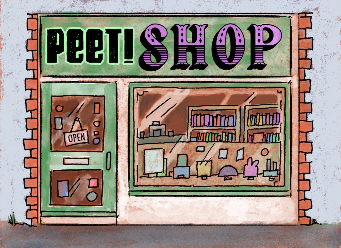 Cartoon drawing of a small shop front named 'Peet! Shop"